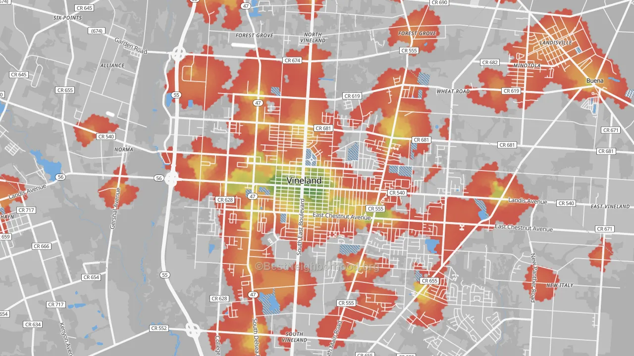 Walk Grade map of 08360, NJ, walkable areas in green and car-dependent areas in red