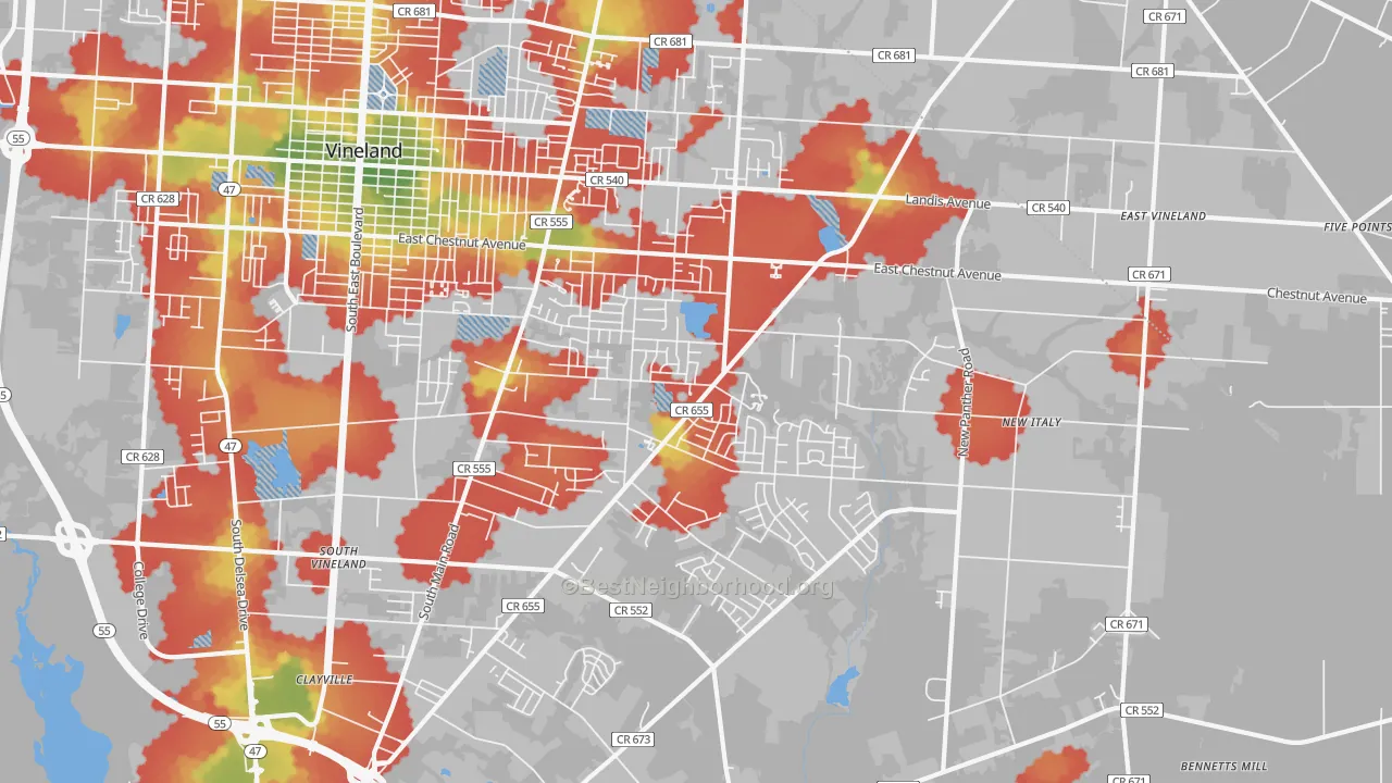 Walk Grade map of 08361, NJ, walkable areas in green and car-dependent areas in red