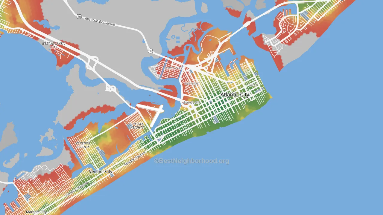 Walk Grade map of 08401, NJ, walkable areas in green and car-dependent areas in red