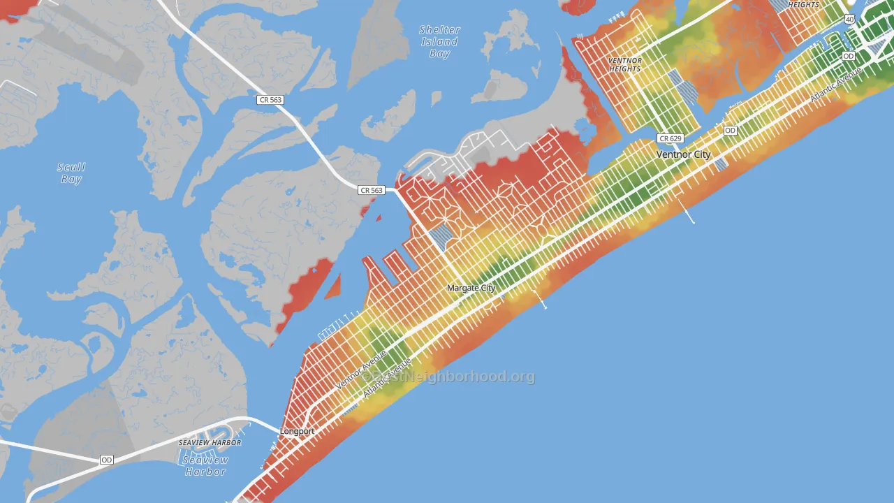 Walk Grade map of 08402, NJ, walkable areas in green and car-dependent areas in red