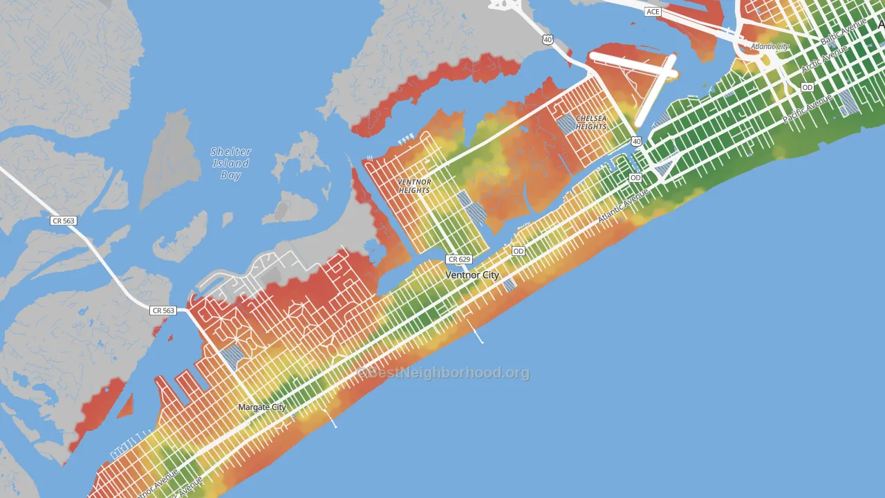 Walk Grade map of 08406, NJ, walkable areas in green and car-dependent areas in red
