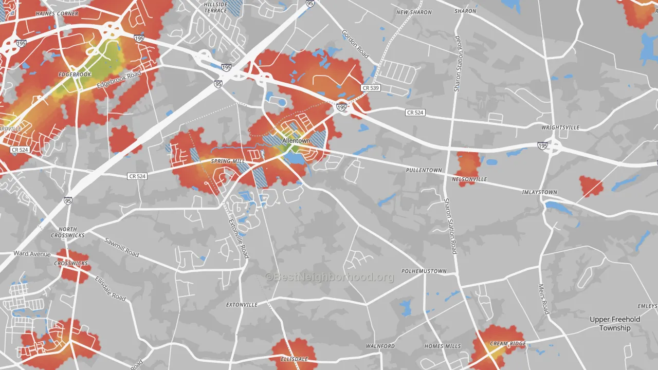 Walk Grade map of 08501, NJ, walkable areas in green and car-dependent areas in red