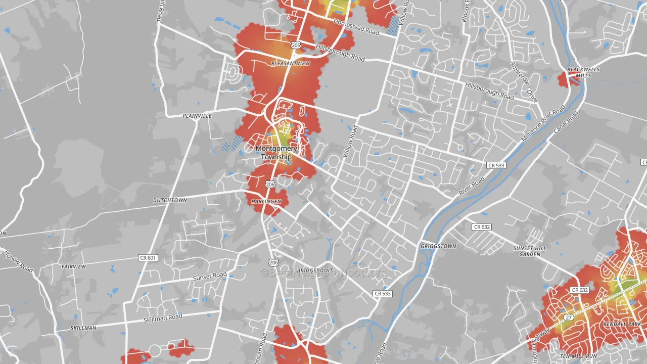 Walk Grade map of 08502, NJ, walkable areas in green and car-dependent areas in red