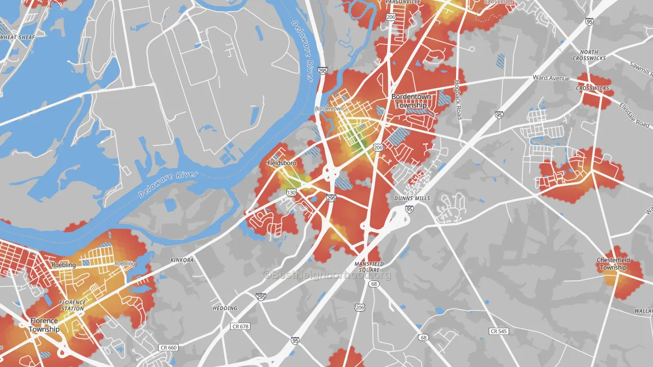 Walk Grade map of 08505, NJ, walkable areas in green and car-dependent areas in red