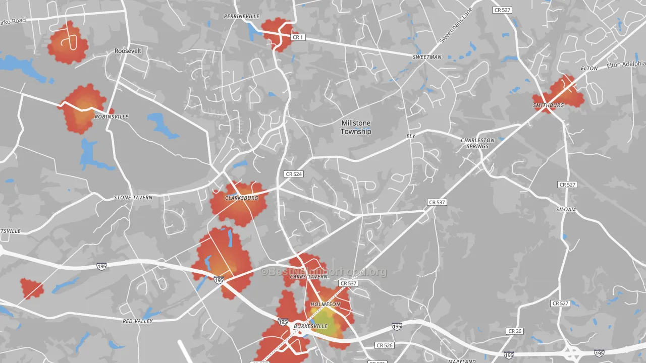 Walk Grade map of 08510, NJ, walkable areas in green and car-dependent areas in red