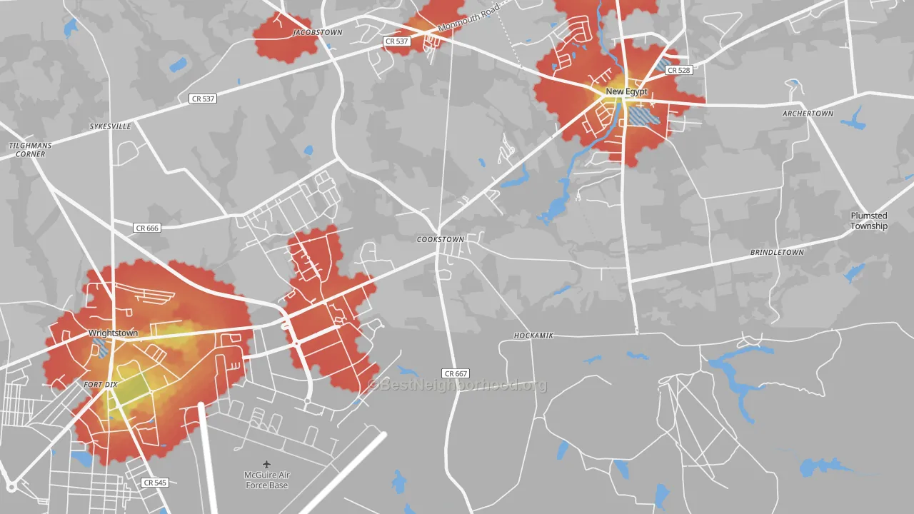 Walk Grade map of 08511, NJ, walkable areas in green and car-dependent areas in red