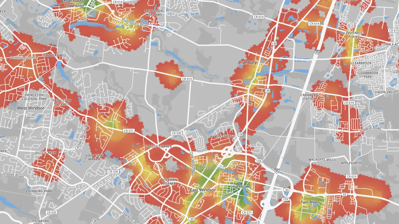 Walk Grade map of 08512, NJ, walkable areas in green and car-dependent areas in red