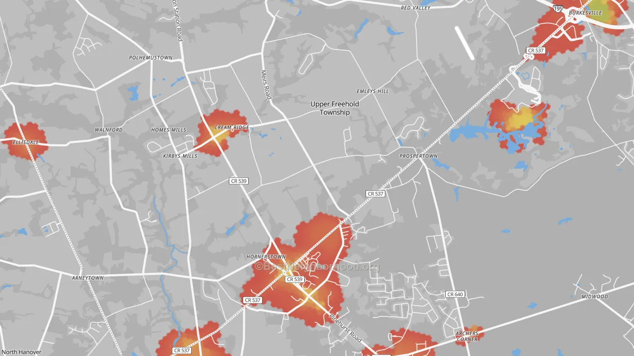 Walk Grade map of 08514, NJ, walkable areas in green and car-dependent areas in red