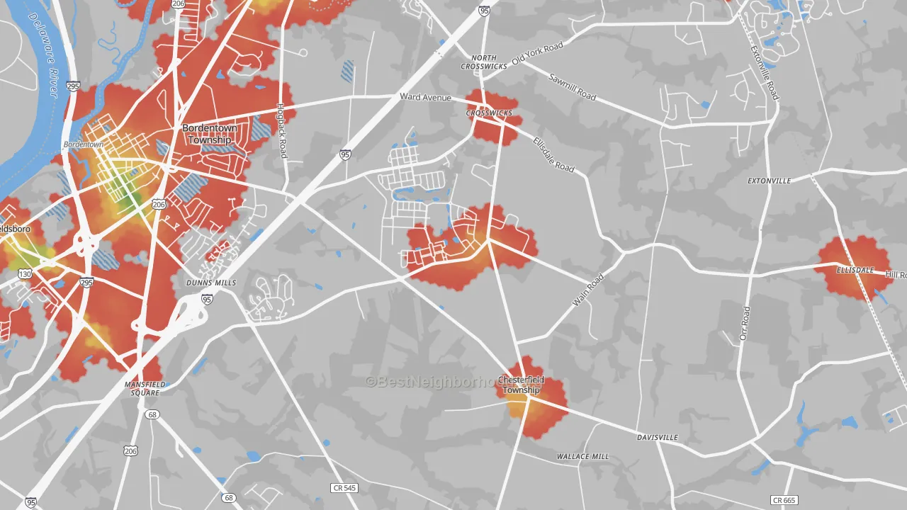 Walk Grade map of 08515, NJ, walkable areas in green and car-dependent areas in red