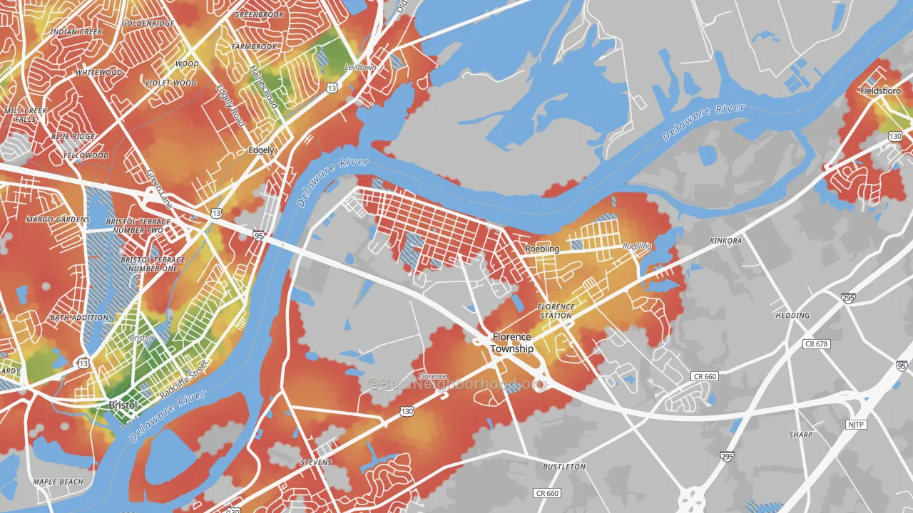 Walk Grade map of 08518, NJ, walkable areas in green and car-dependent areas in red
