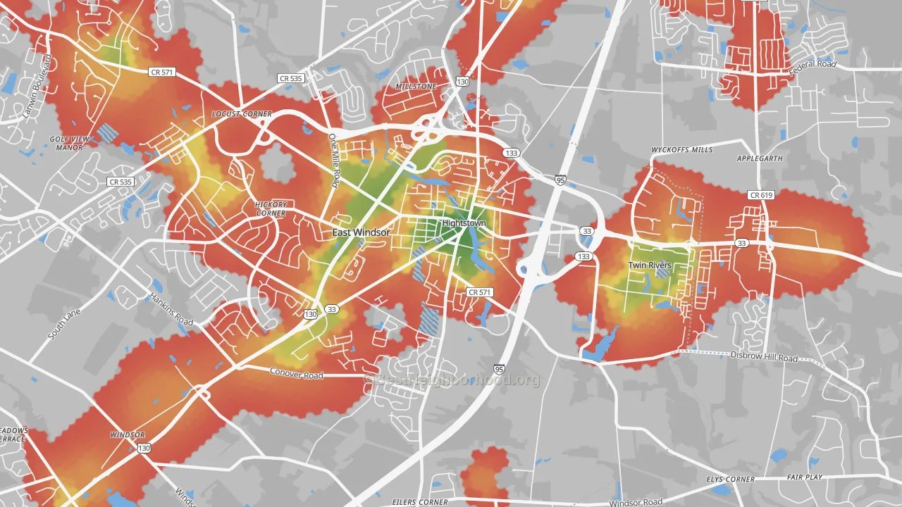 Walk Grade map of 08520, NJ, walkable areas in green and car-dependent areas in red
