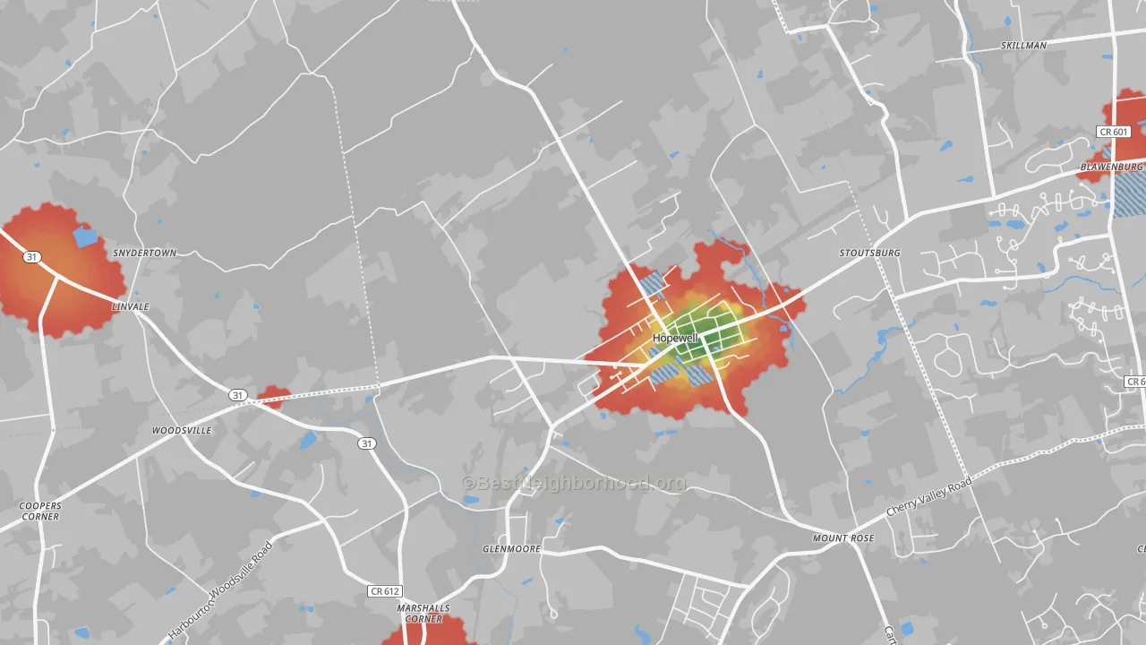 Walk Grade map of 08525, NJ, walkable areas in green and car-dependent areas in red