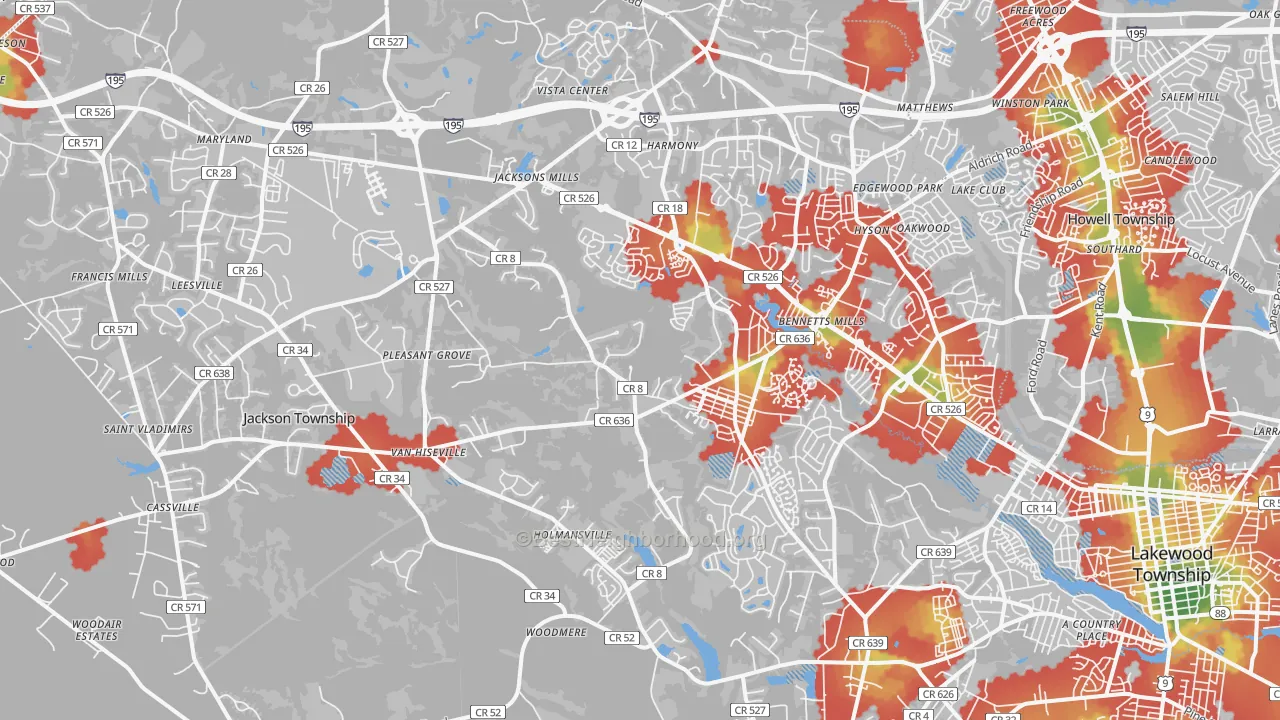 Walk Grade map of 08527, NJ, walkable areas in green and car-dependent areas in red