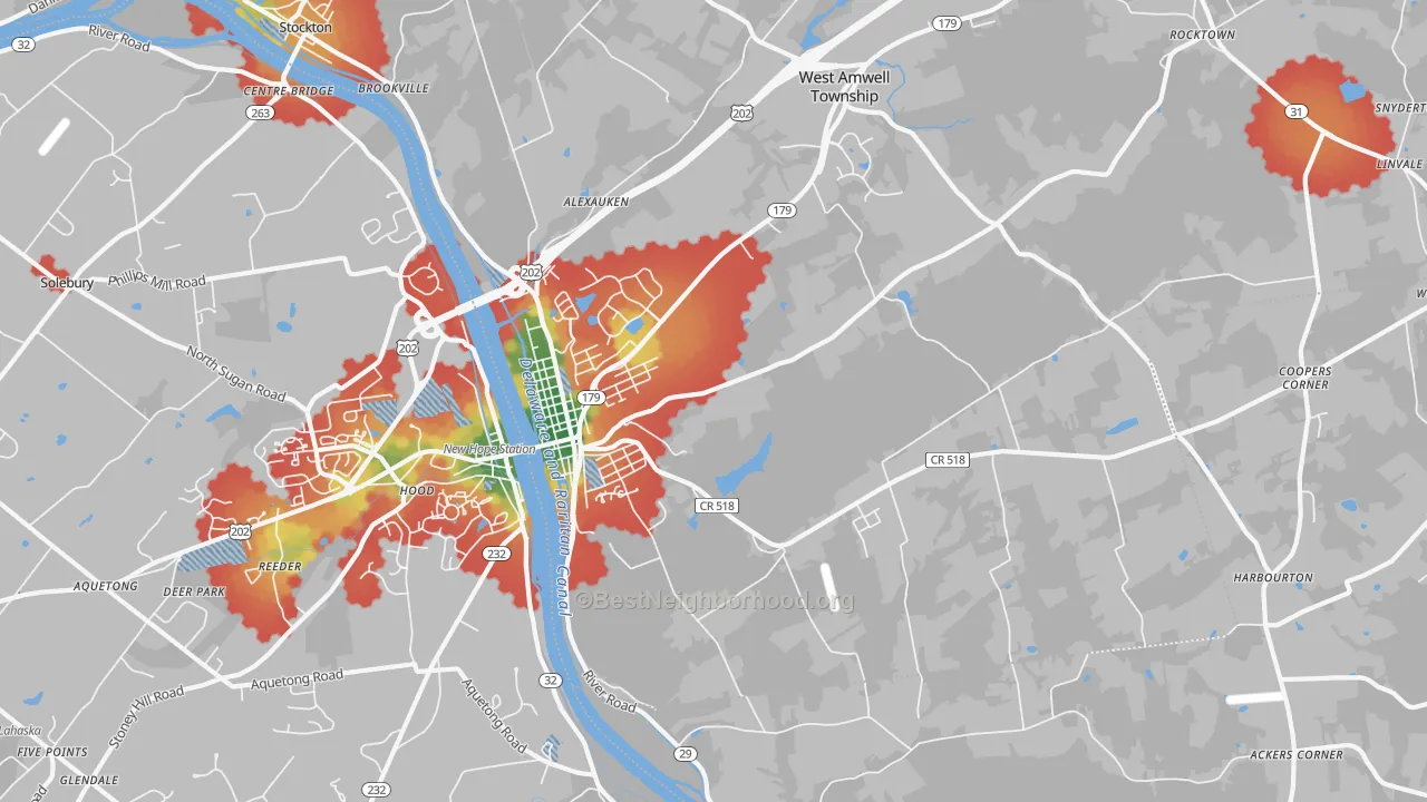 Walk Grade map of 08530, NJ, walkable areas in green and car-dependent areas in red