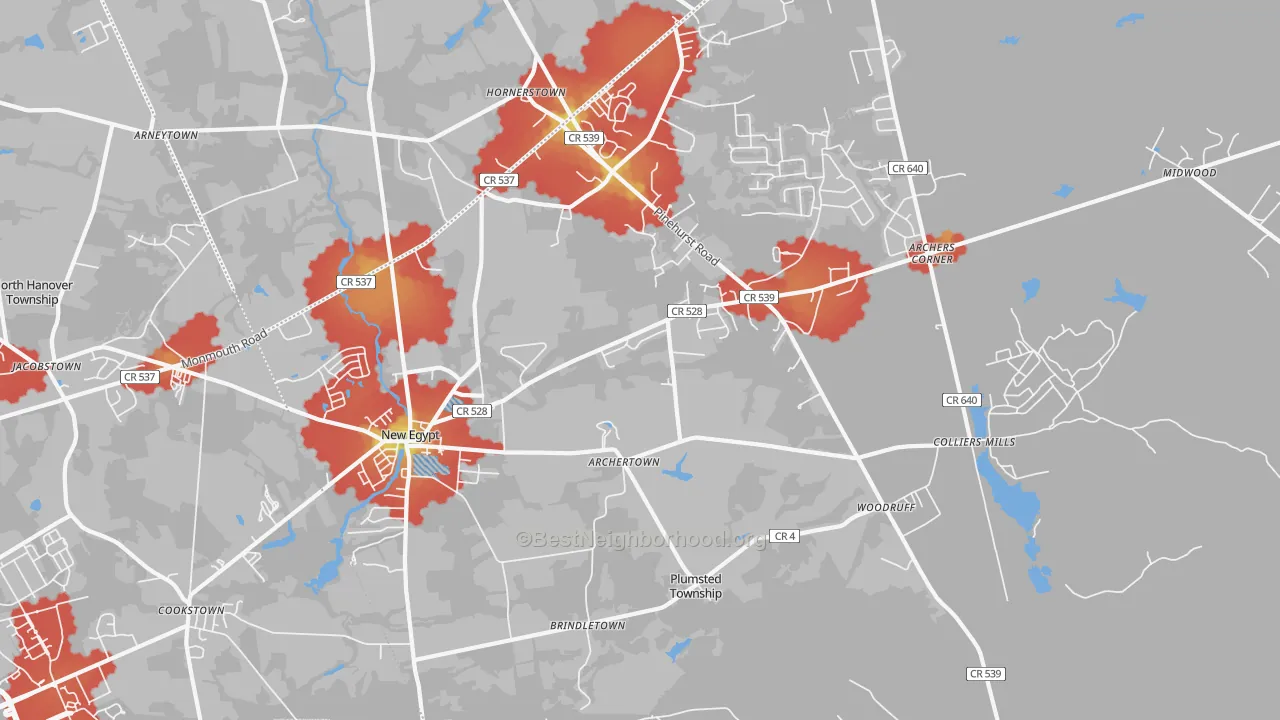 Walk Grade map of 08533, NJ, walkable areas in green and car-dependent areas in red