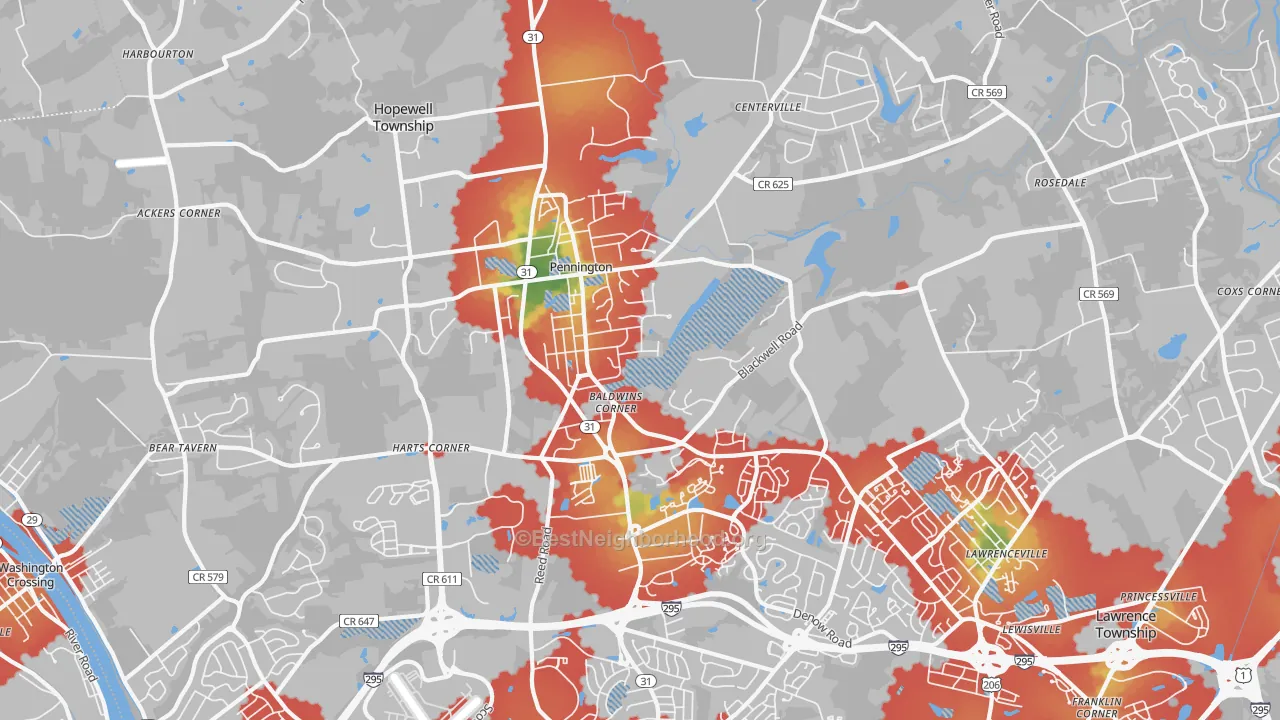 Walk Grade map of 08534, NJ, walkable areas in green and car-dependent areas in red