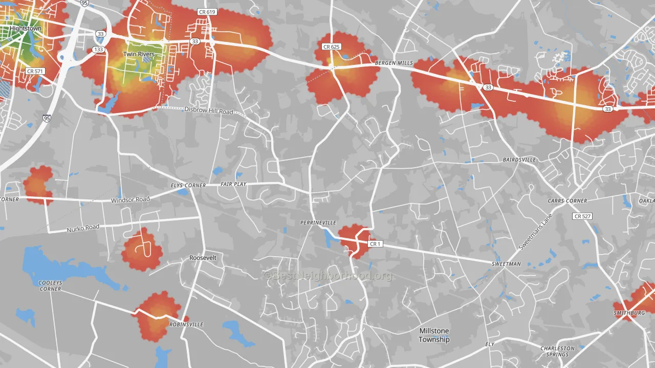 Walk Grade map of 08535, NJ, walkable areas in green and car-dependent areas in red