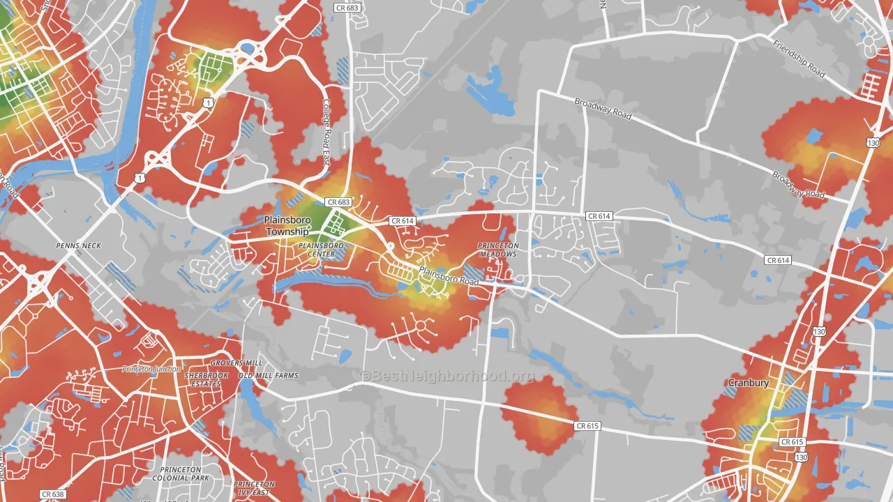 Walk Grade map of 08536, NJ, walkable areas in green and car-dependent areas in red