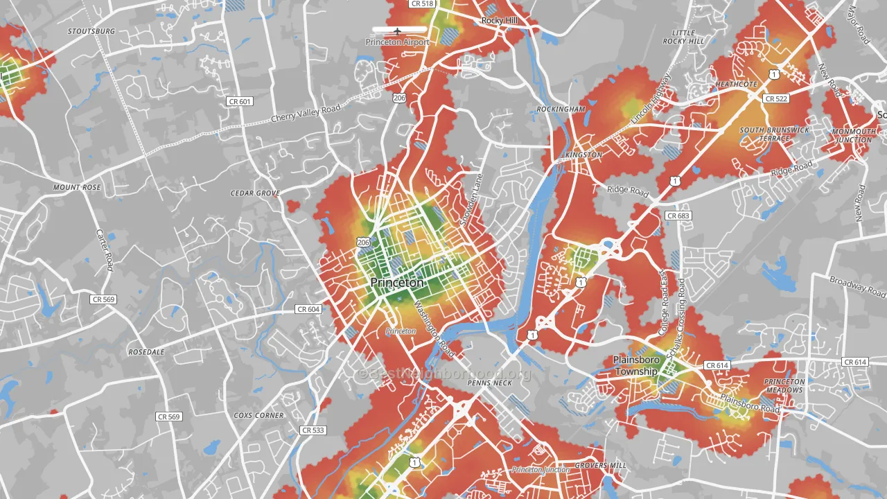 Walk Grade map of 08540, NJ, walkable areas in green and car-dependent areas in red