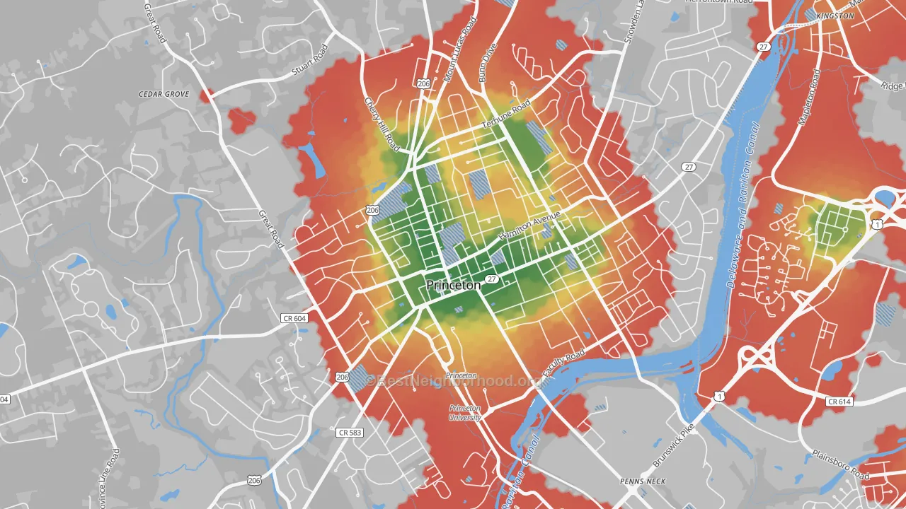 Walk Grade map of 08542, NJ, walkable areas in green and car-dependent areas in red