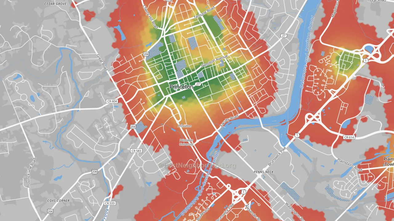 Walk Grade map of 08544, NJ, walkable areas in green and car-dependent areas in red