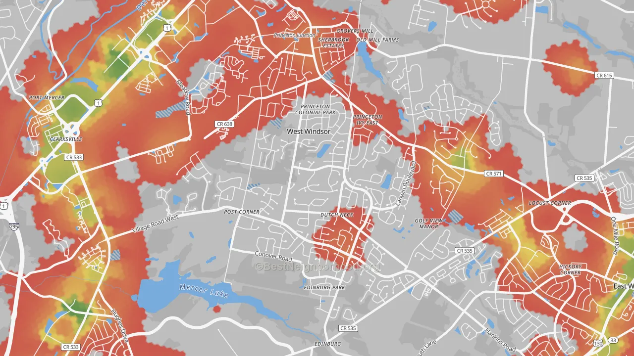 Walk Grade map of 08550, NJ, walkable areas in green and car-dependent areas in red