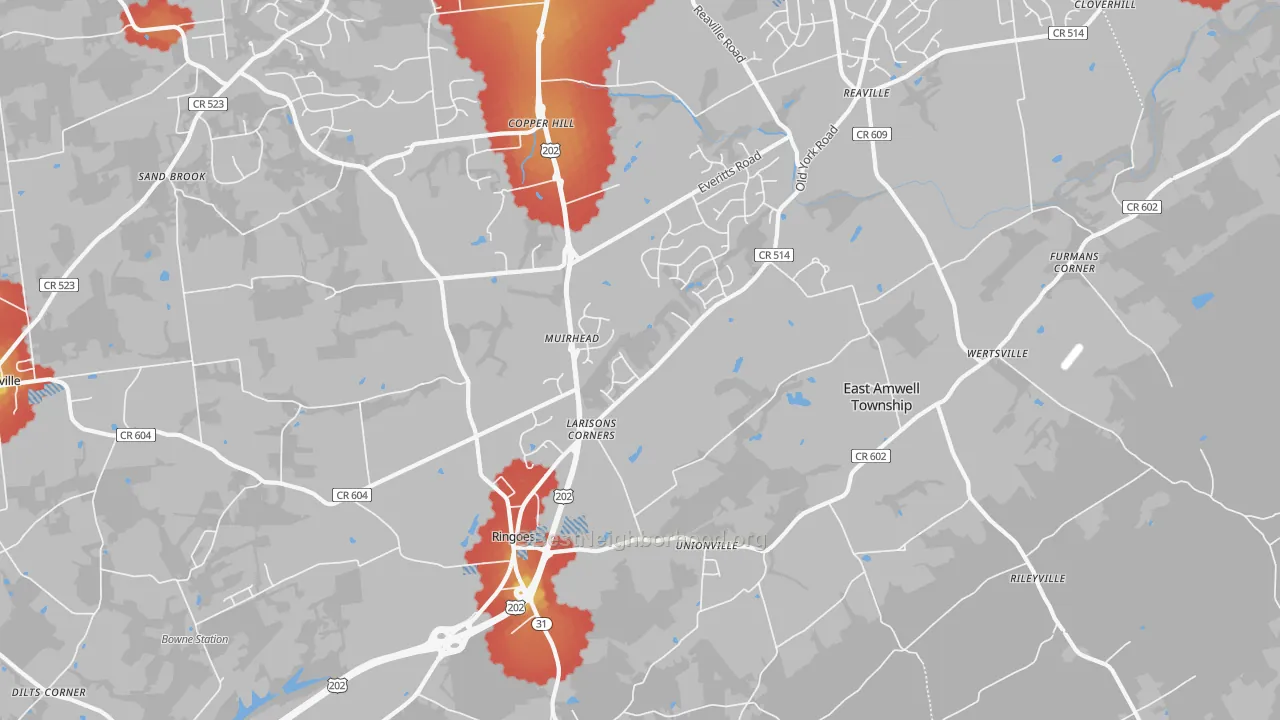 Walk Grade map of 08551, NJ, walkable areas in green and car-dependent areas in red