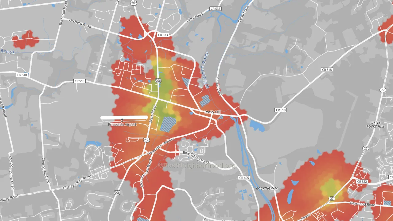 Walk Grade map of 08553, NJ, walkable areas in green and car-dependent areas in red