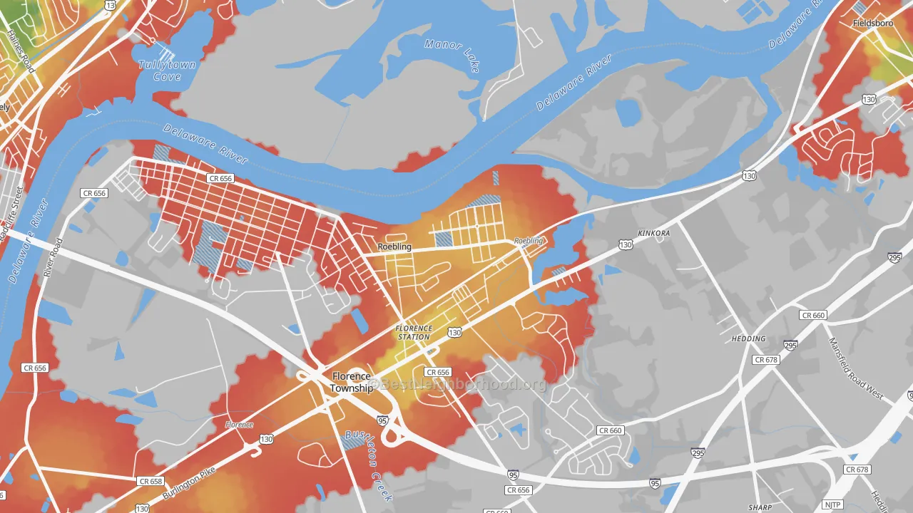Walk Grade map of 08554, NJ, walkable areas in green and car-dependent areas in red