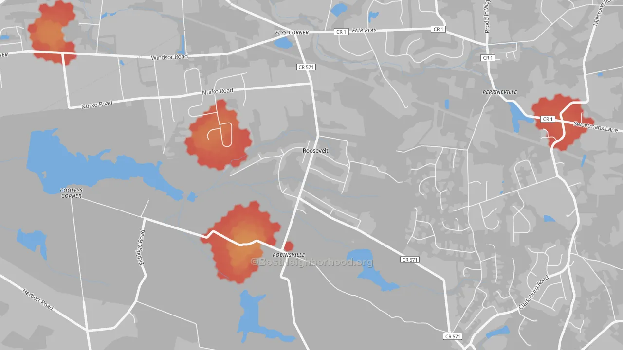 Walk Grade map of 08555, NJ, walkable areas in green and car-dependent areas in red