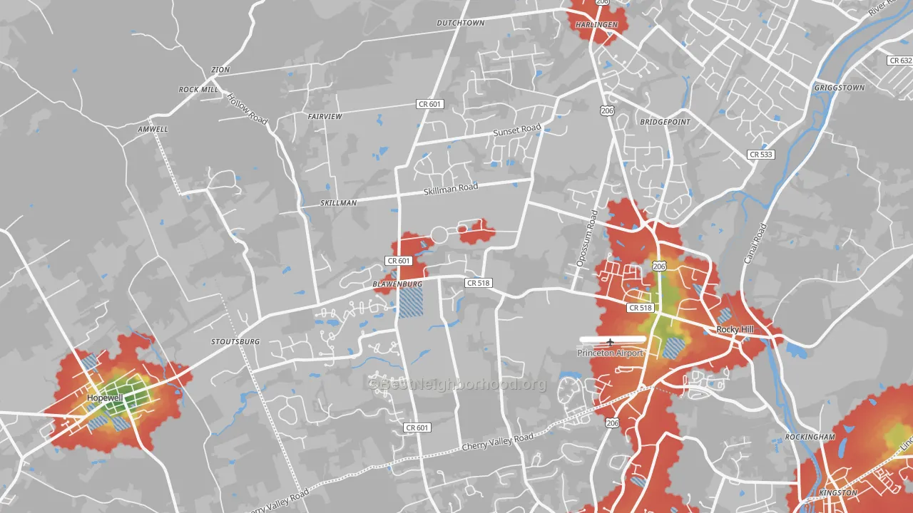 Walk Grade map of 08558, NJ, walkable areas in green and car-dependent areas in red