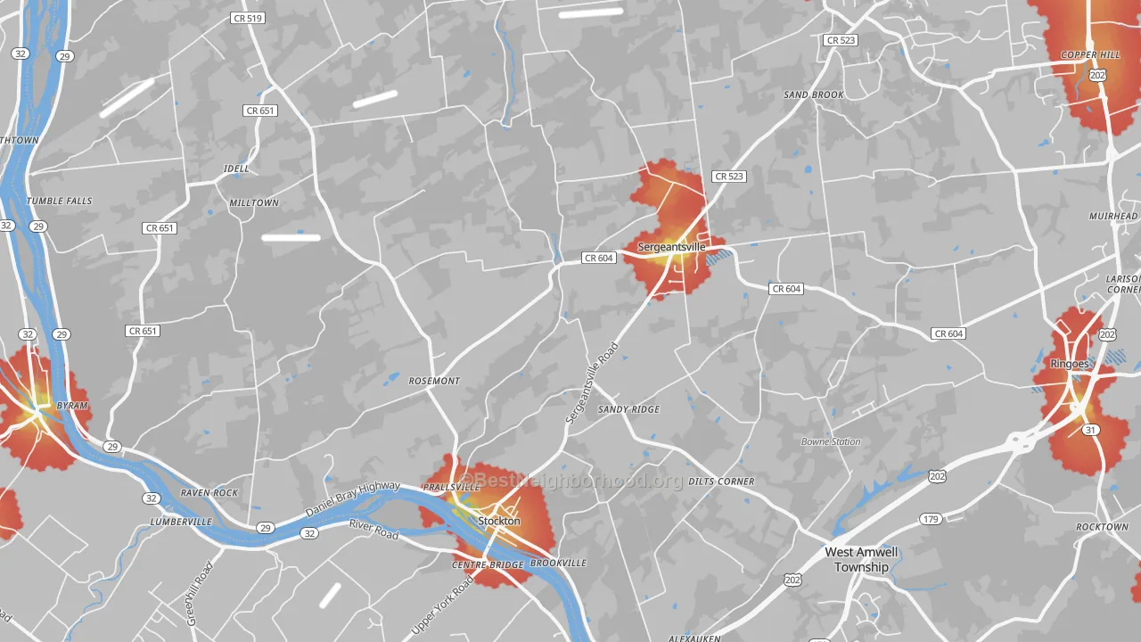 Walk Grade map of 08559, NJ, walkable areas in green and car-dependent areas in red