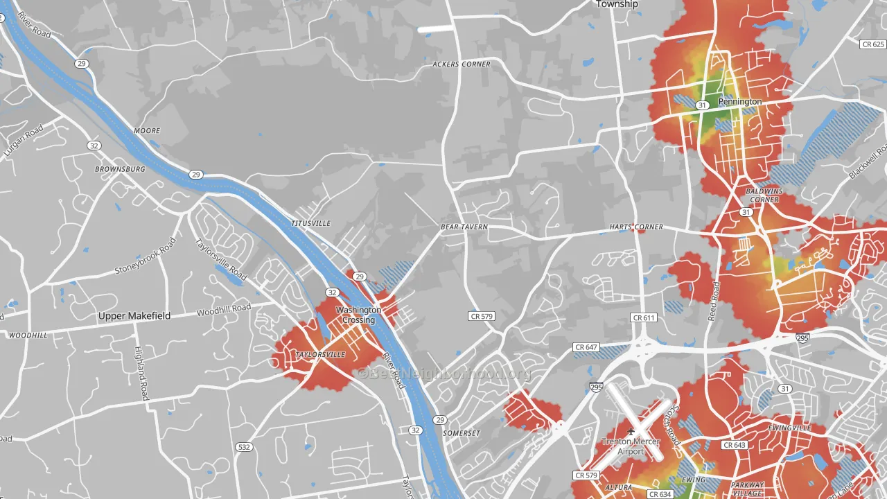 Walk Grade map of 08560, NJ, walkable areas in green and car-dependent areas in red