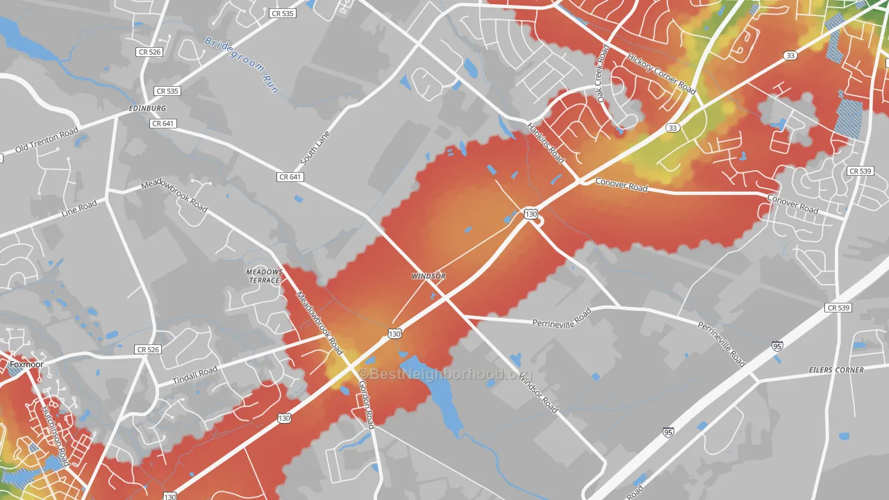 Walk Grade map of 08561, NJ, walkable areas in green and car-dependent areas in red