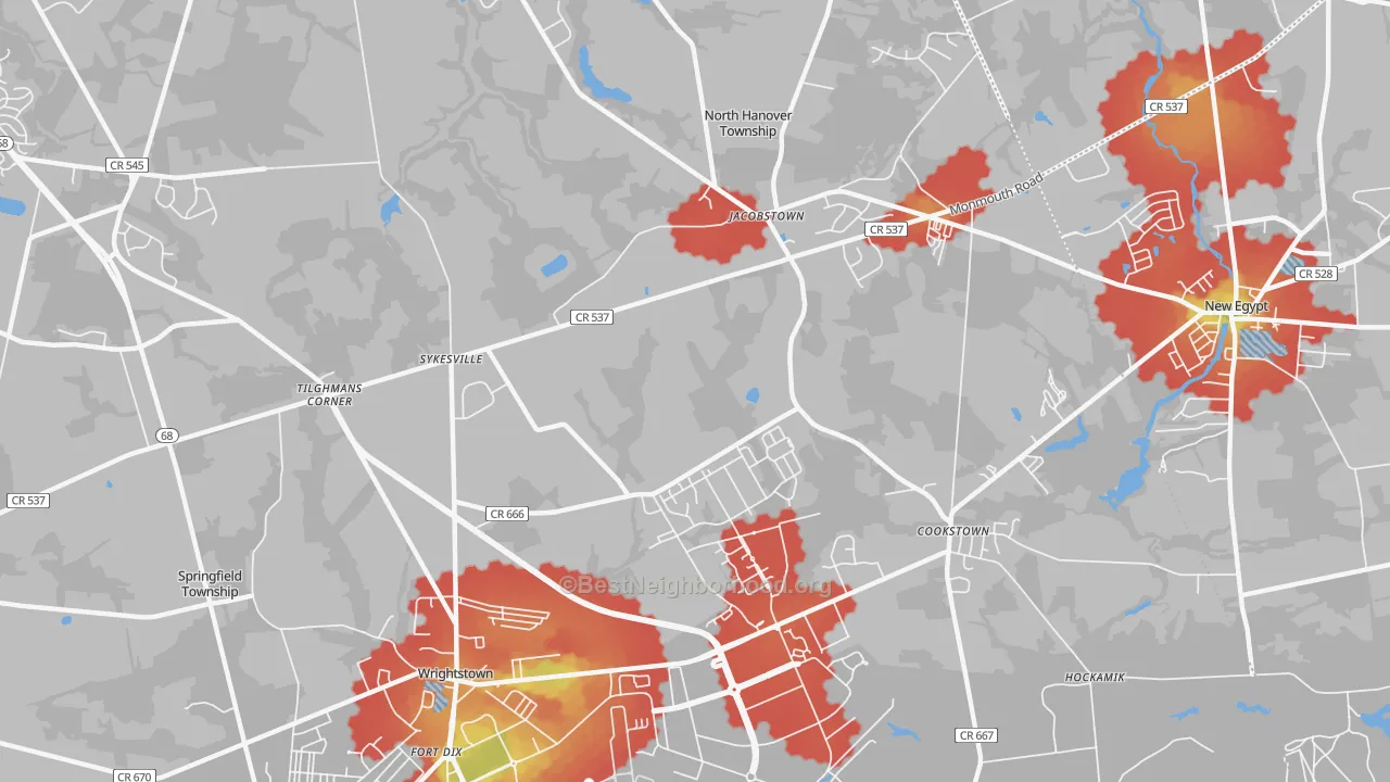 Walk Grade map of 08562, NJ, walkable areas in green and car-dependent areas in red