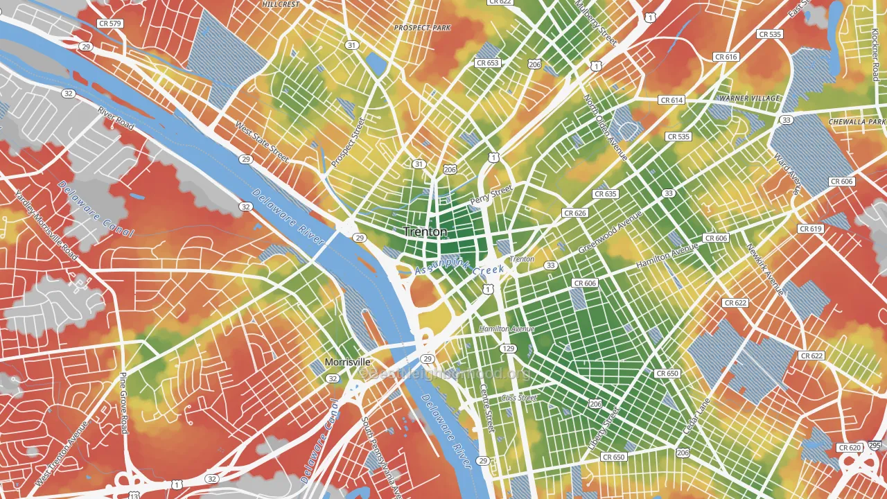 Walk Grade map of 08608, NJ, walkable areas in green and car-dependent areas in red
