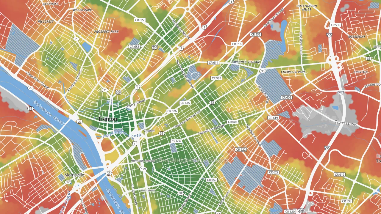 Walk Grade map of 08609, NJ, walkable areas in green and car-dependent areas in red