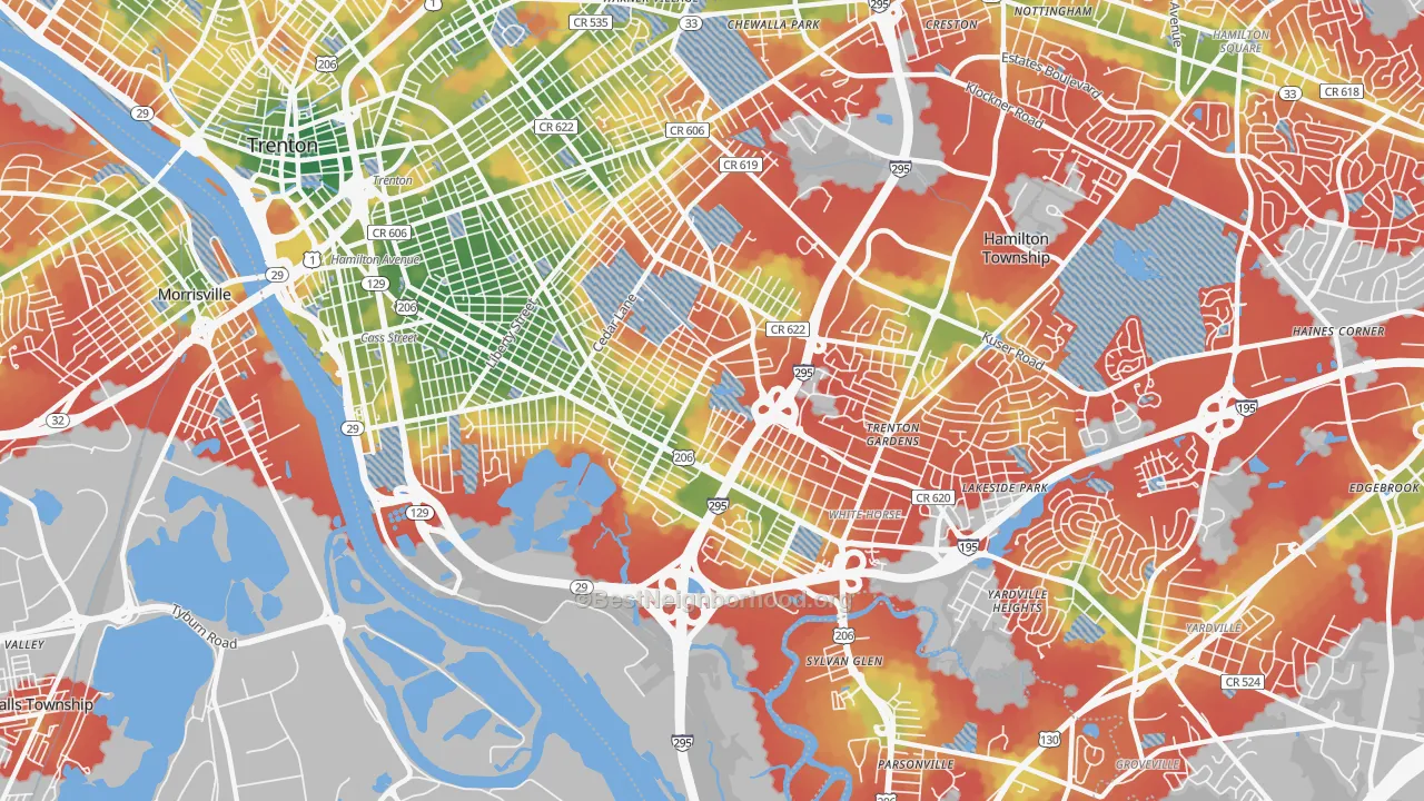 Walk Grade map of 08610, NJ, walkable areas in green and car-dependent areas in red