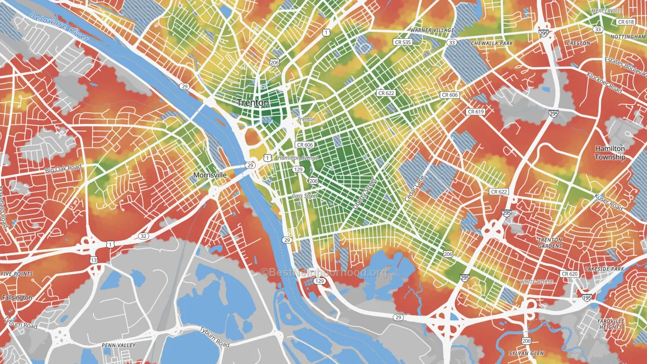 Walk Grade map of 08611, NJ, walkable areas in green and car-dependent areas in red