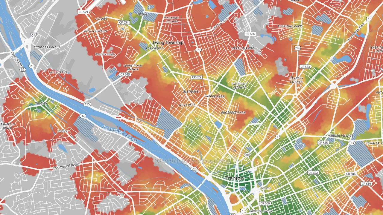 Walk Grade map of 08618, NJ, walkable areas in green and car-dependent areas in red