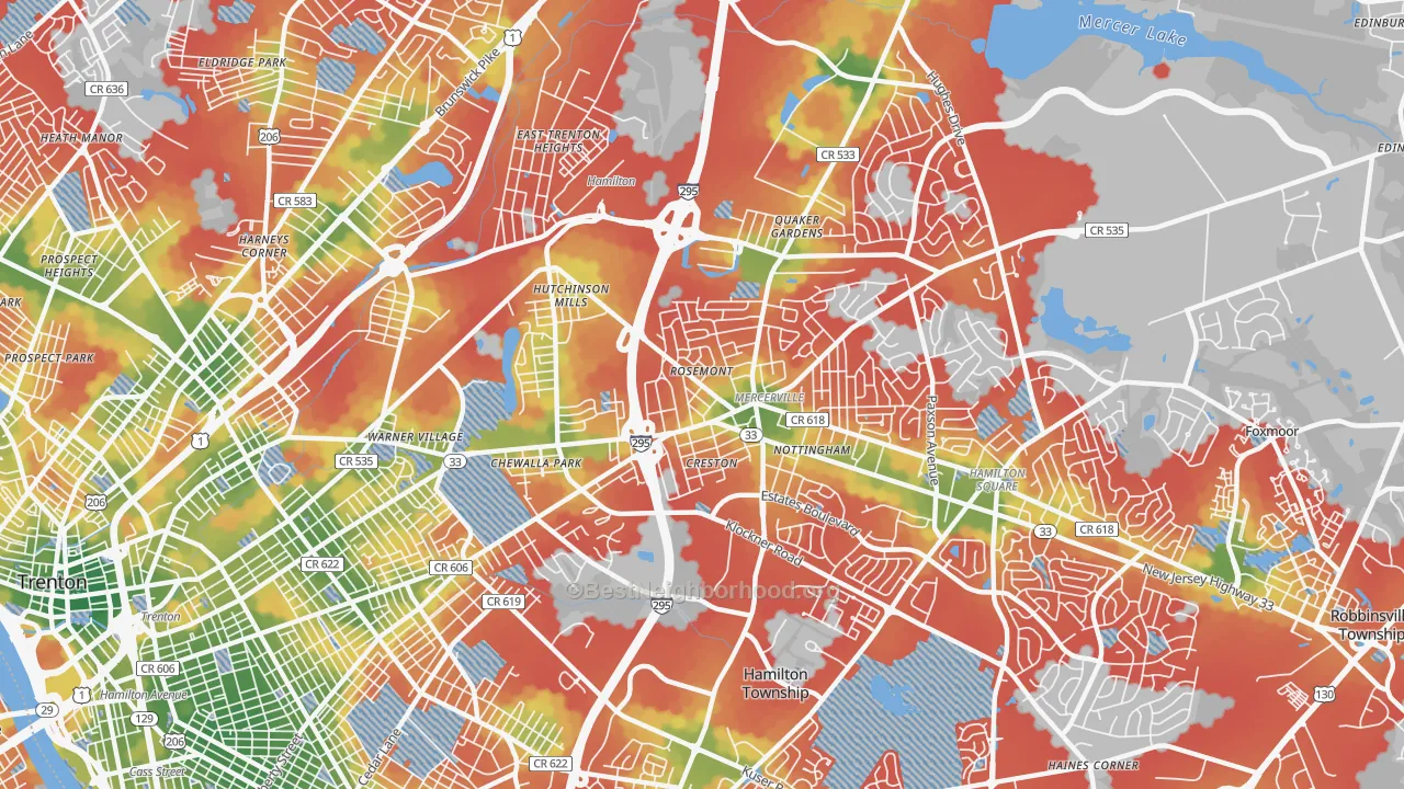 Walk Grade map of 08619, NJ, walkable areas in green and car-dependent areas in red
