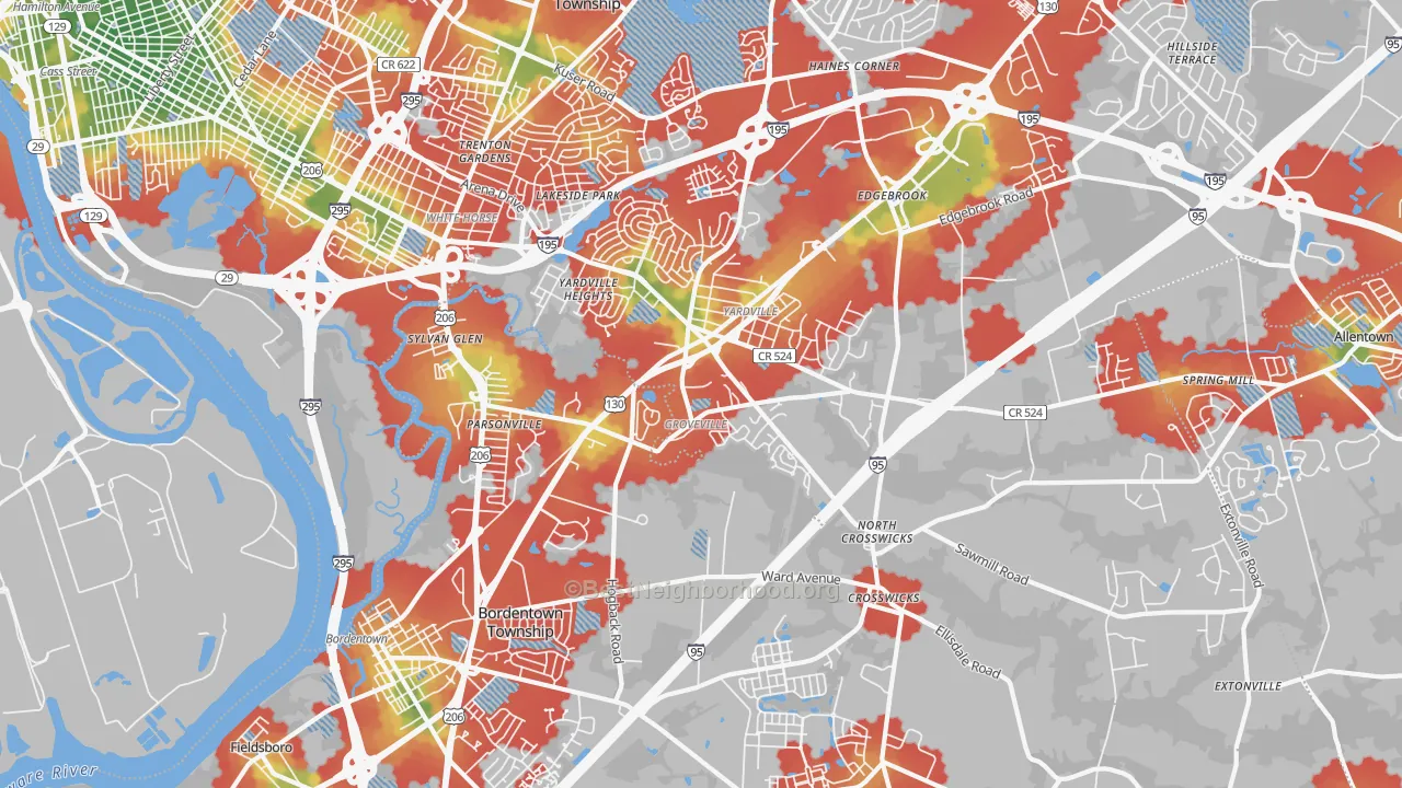 Walk Grade map of 08620, NJ, walkable areas in green and car-dependent areas in red