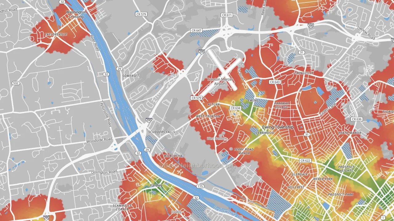 Walk Grade map of 08628, NJ, walkable areas in green and car-dependent areas in red