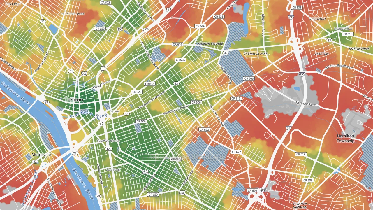 Walk Grade map of 08629, NJ, walkable areas in green and car-dependent areas in red