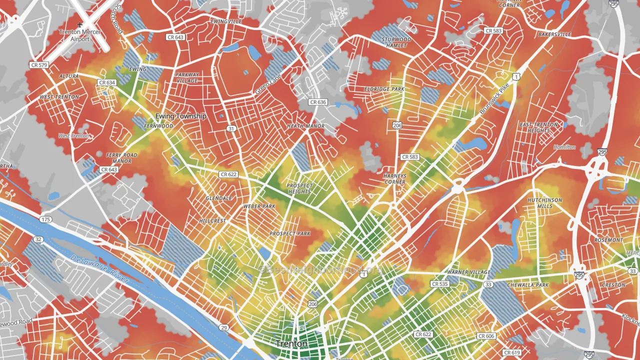 Walk Grade map of 08638, NJ, walkable areas in green and car-dependent areas in red