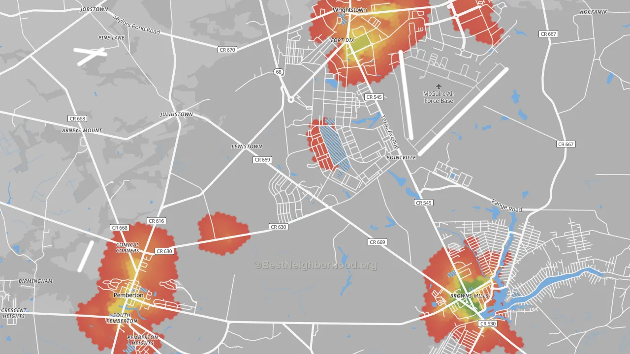 Walk Grade map of 08640, NJ, walkable areas in green and car-dependent areas in red