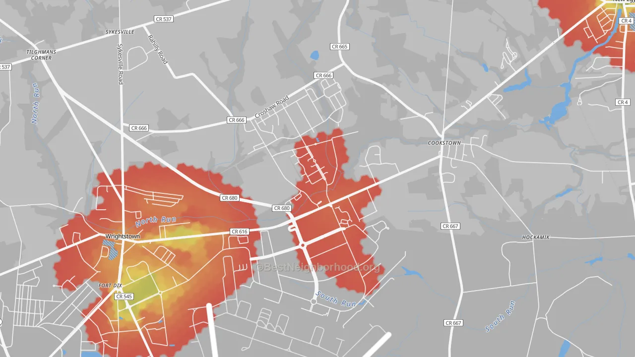 Walk Grade map of 08641, NJ, walkable areas in green and car-dependent areas in red
