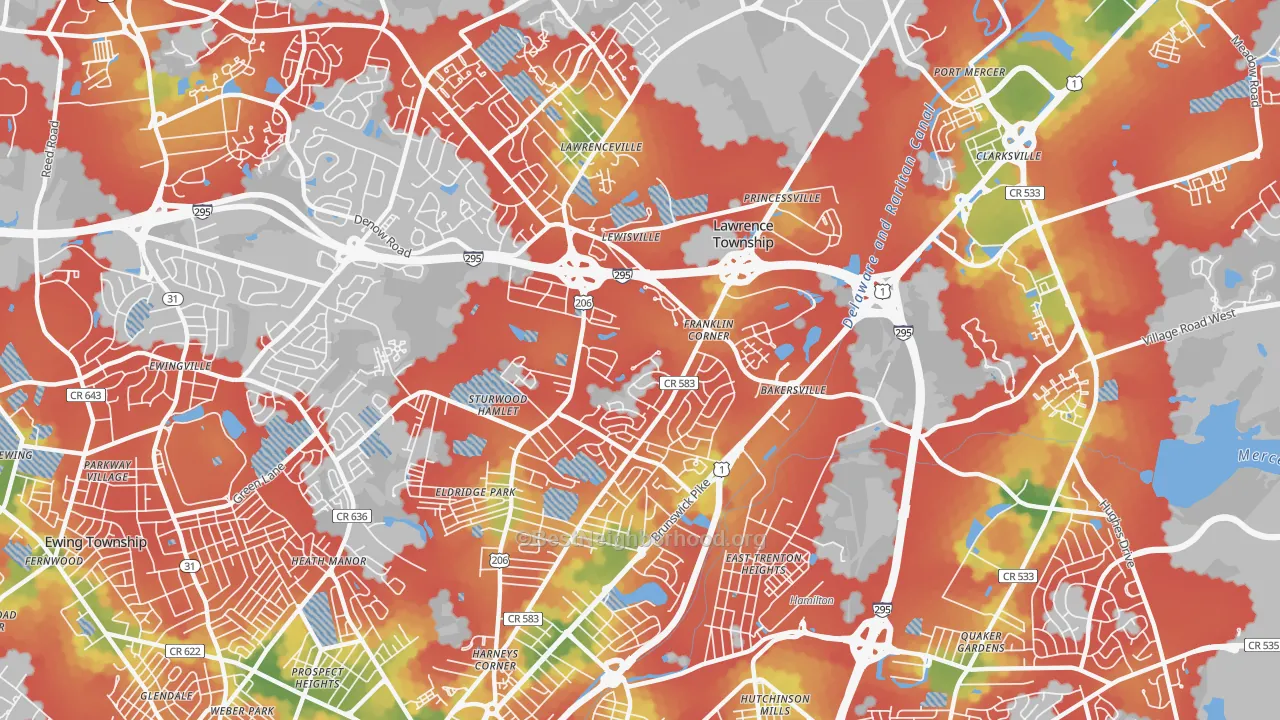 Walk Grade map of 08648, NJ, walkable areas in green and car-dependent areas in red