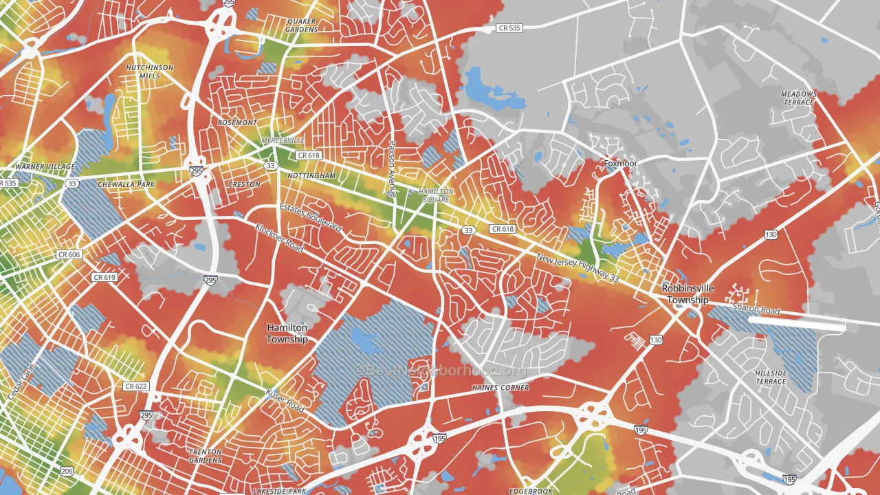 Walk Grade map of 08690, NJ, walkable areas in green and car-dependent areas in red