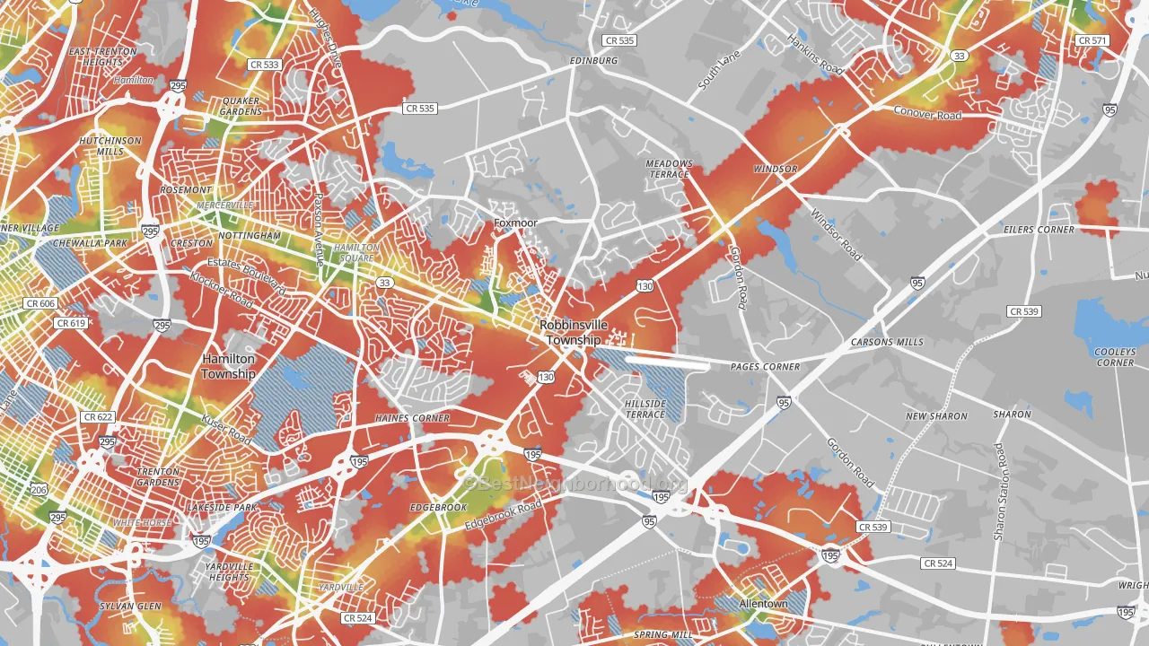 Walk Grade map of 08691, NJ, walkable areas in green and car-dependent areas in red